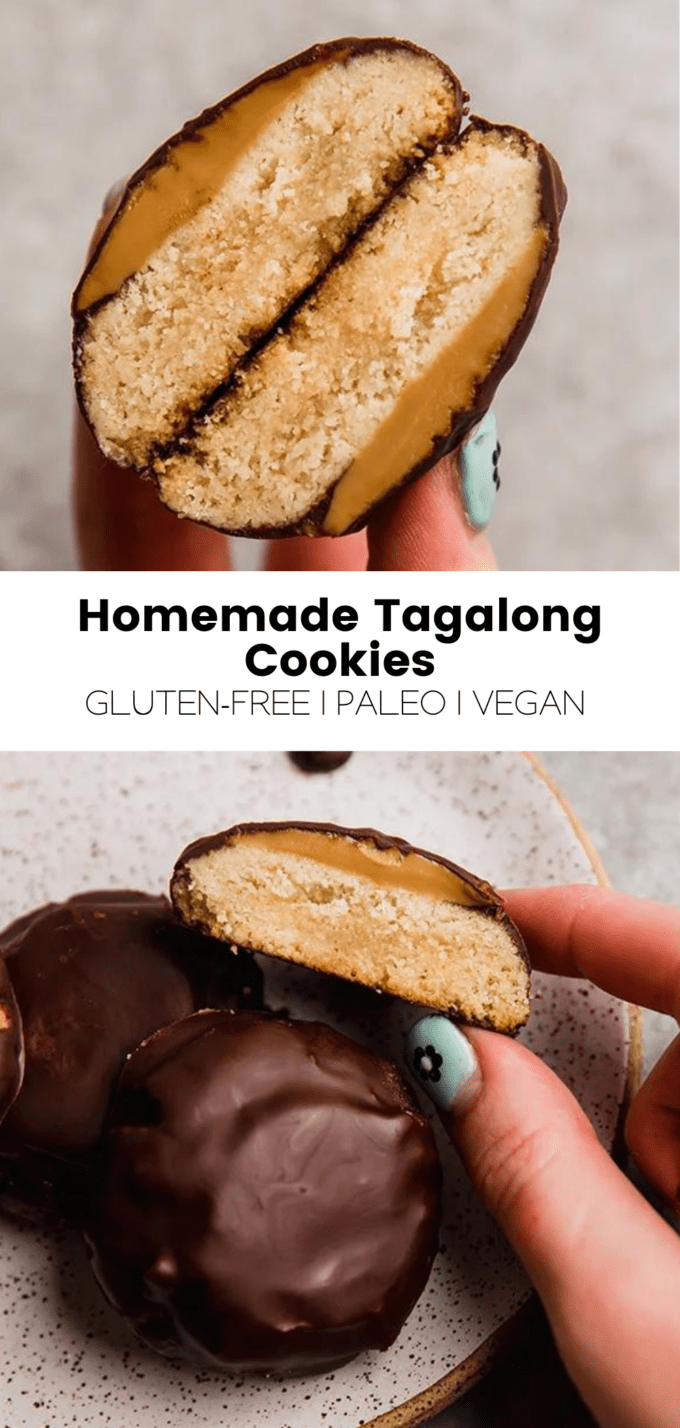 Collage with text \"Homemade Tagalong Cookies Gluten-Free | Paleo | Vegan.\"