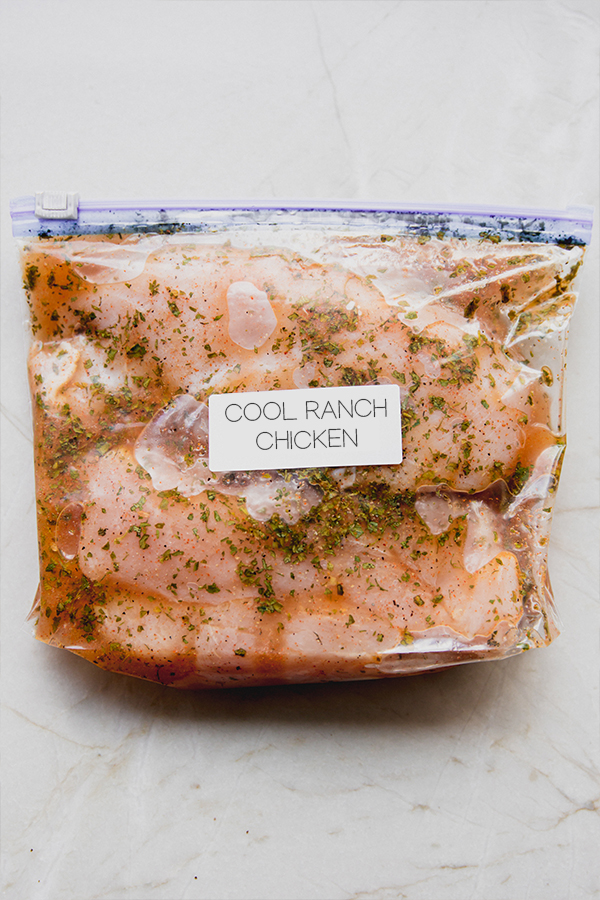 The slow cooker ranch chicken taco meat prepared for freezing.