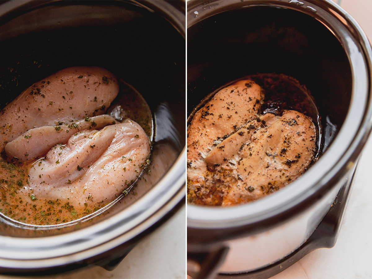 The chicken breasts for making slow cooker ranch chicken tacos before and after cooking.