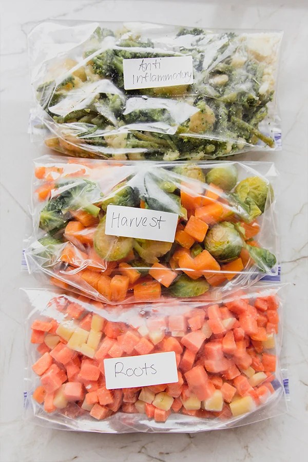 Labeled bags of chopped vegetables.