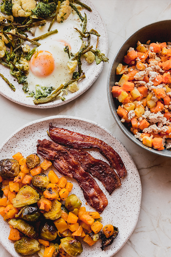 Bacon and vegetables hash on a plate.