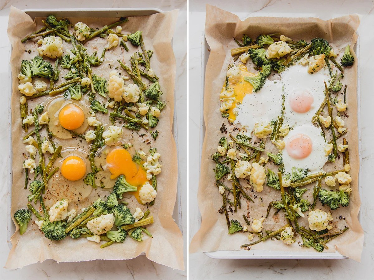 Eggs and vegetables on a lined sheet pan.