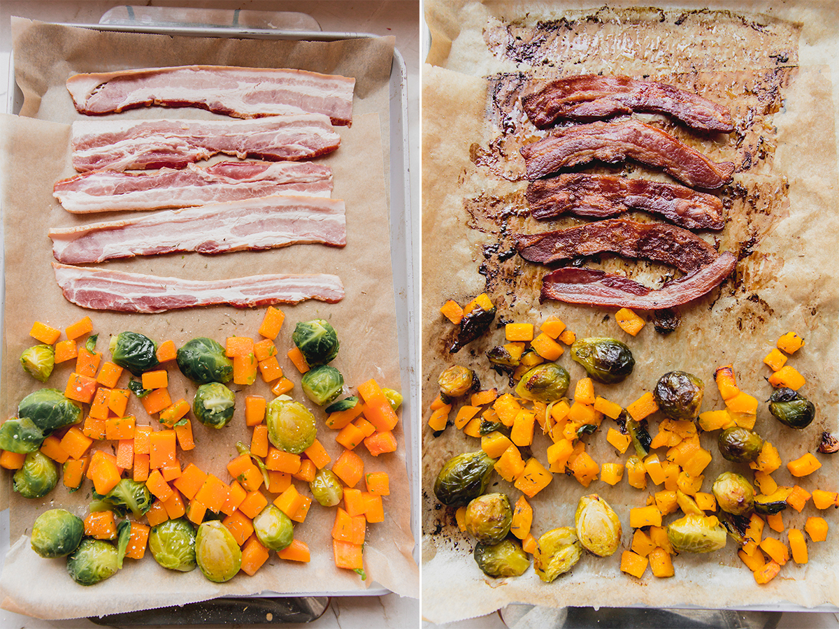 Bacon and vegetables on a lined sheet pan.