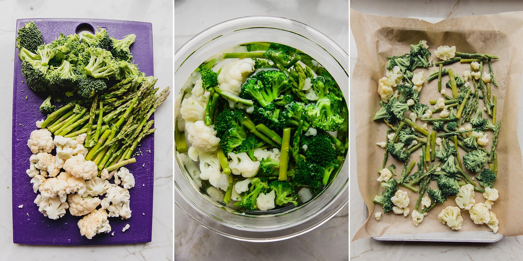 Collage of vegetables being cooked.