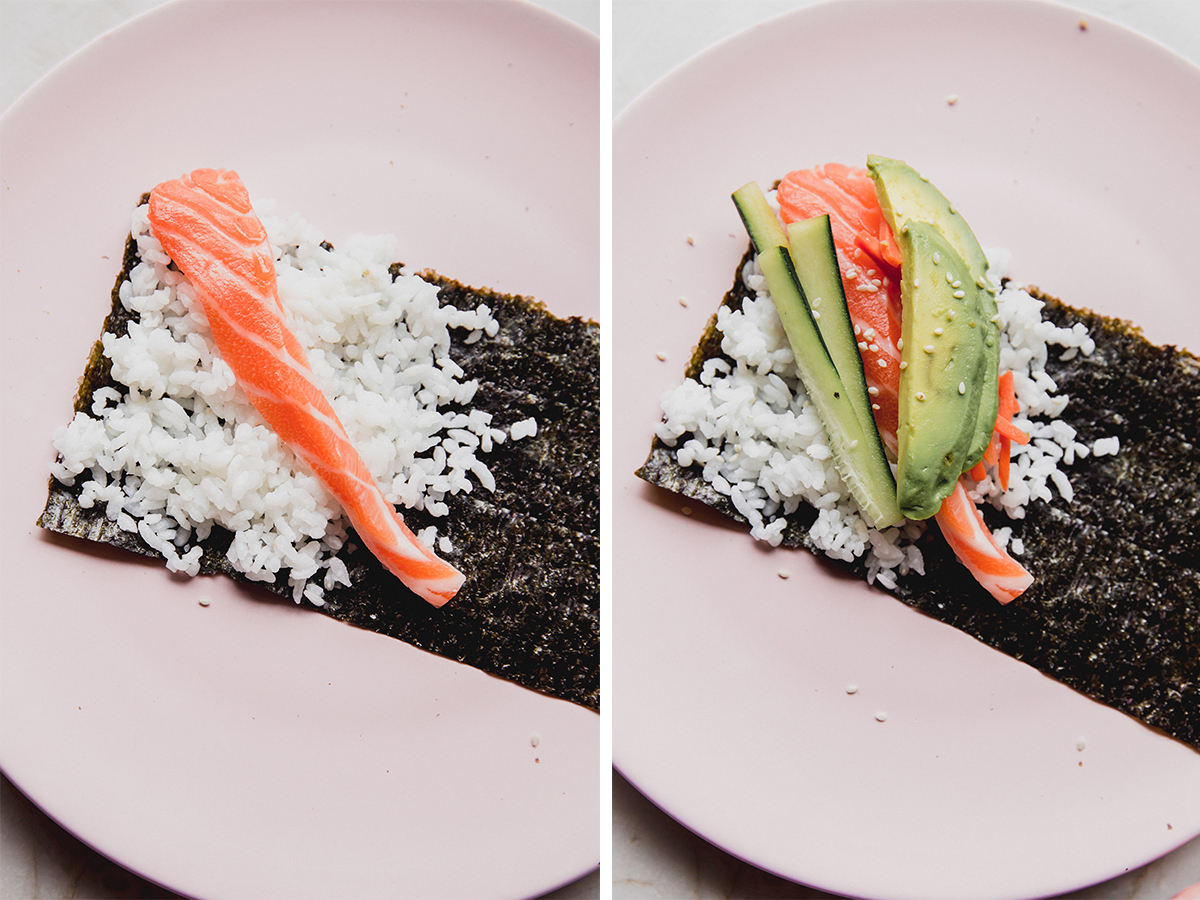 Fish and vegetables over a nori sheet with rice.
