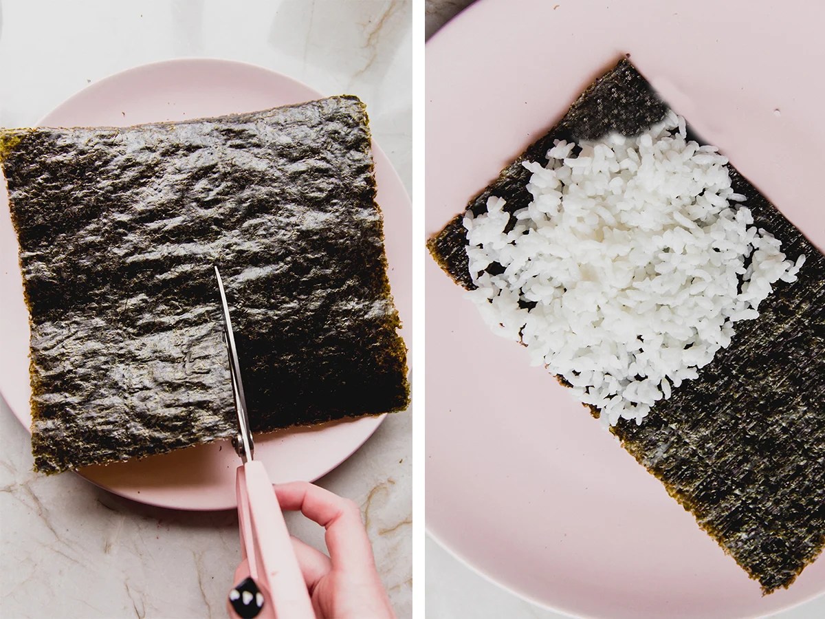 Rice over half of a nori sheet.