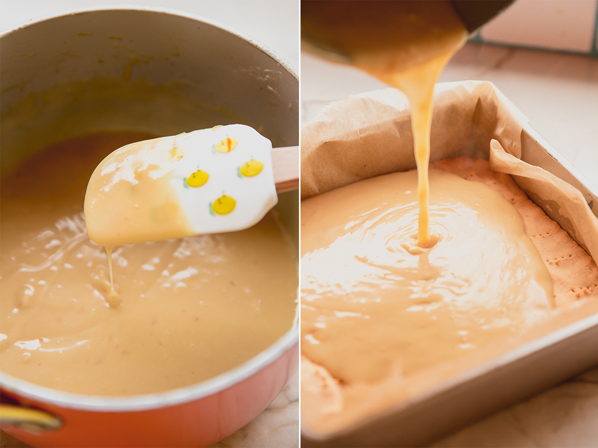 Lemon filling pouring over a crust.