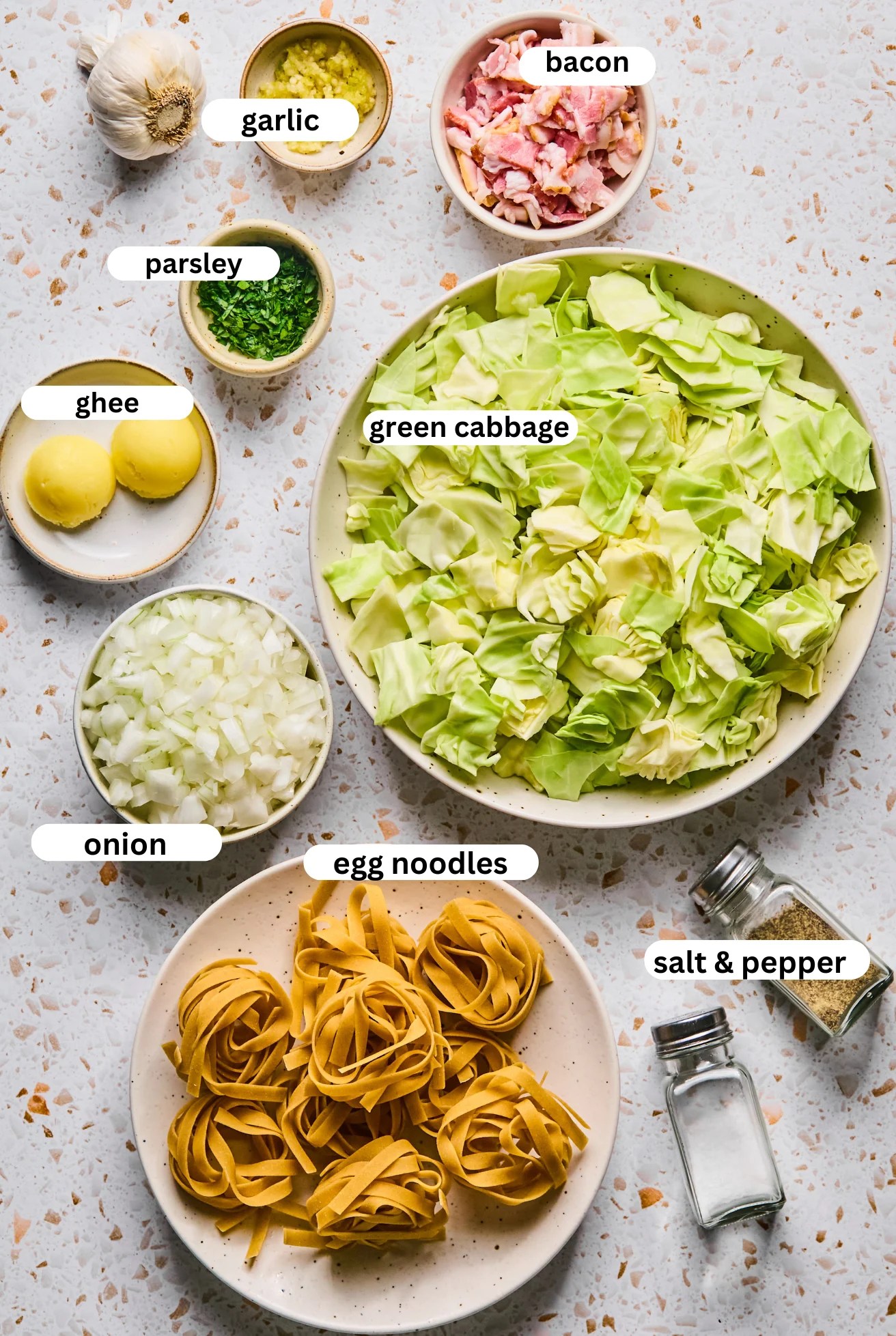 All of the ingredients needed for polish fried cabbage & noodles.