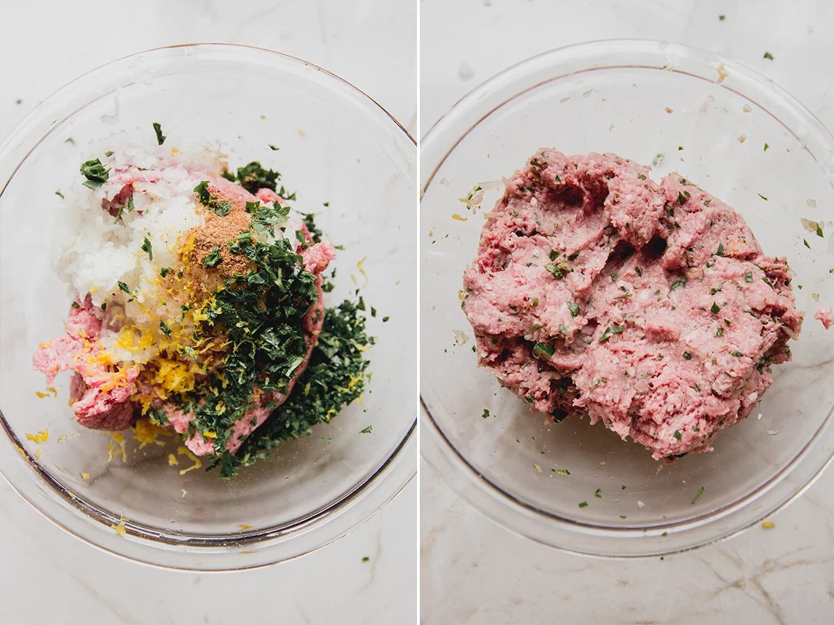 Beef kofta ingredients mixed in a bowl.