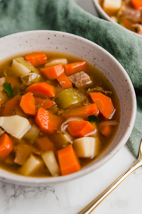 Beef stew in a bowl.