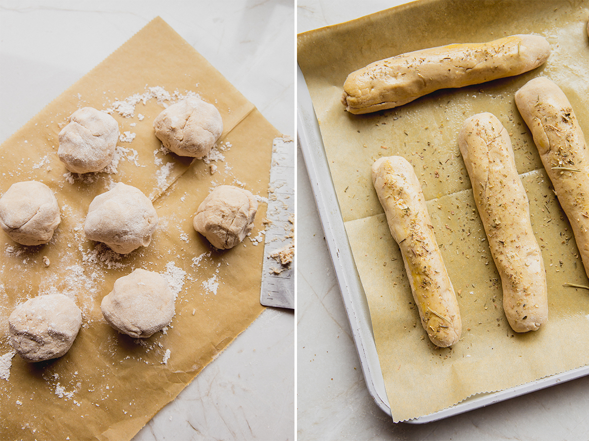 The dough for breadsticks before and after baking.