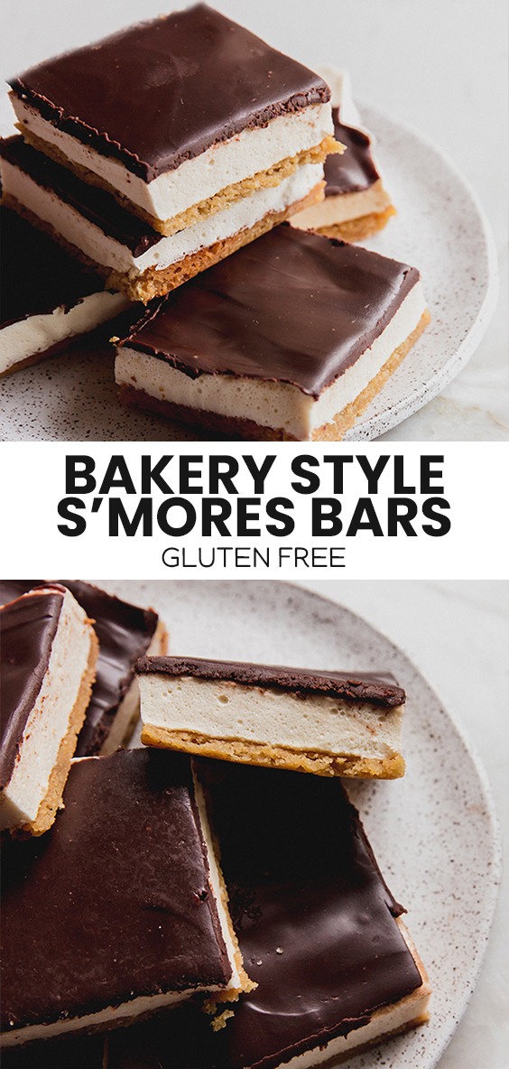 Collage with text \"Bakery Style S\'Mores Bars Gluten Free.\"