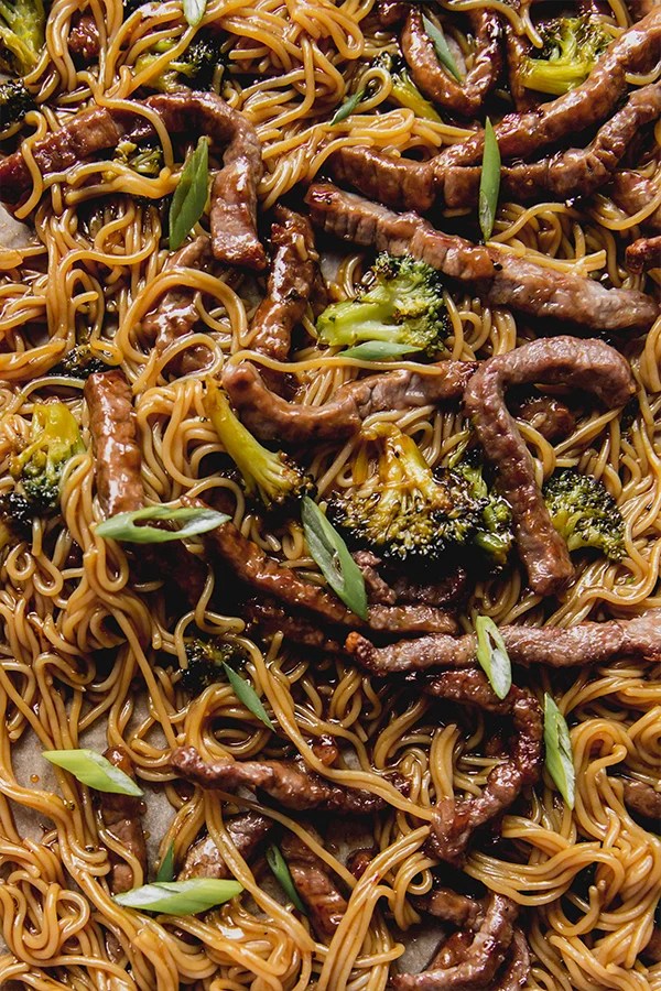 Broccoli and beef with noodles.