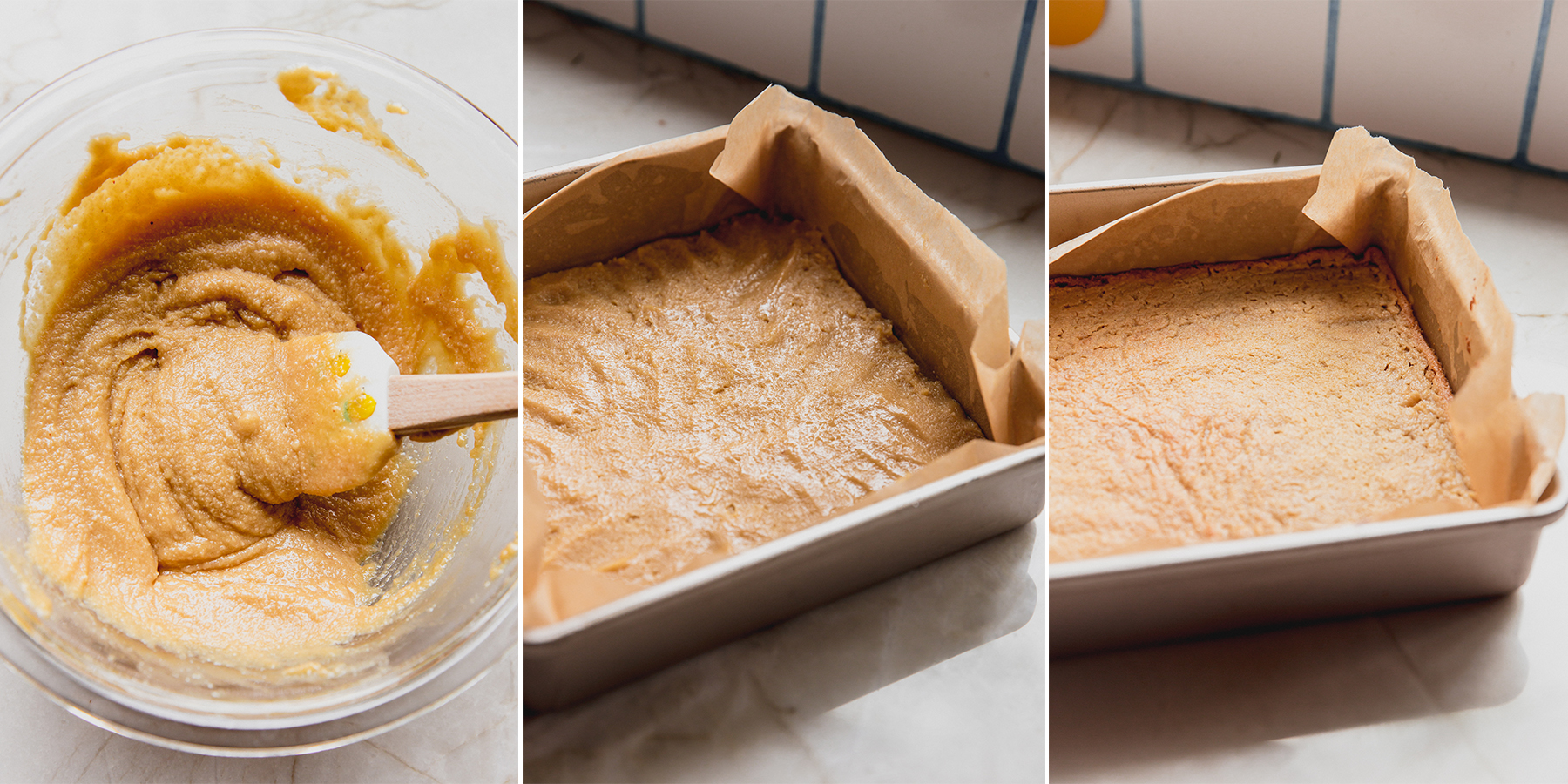 Step by step photos of making the crust for s'mores protein bars.