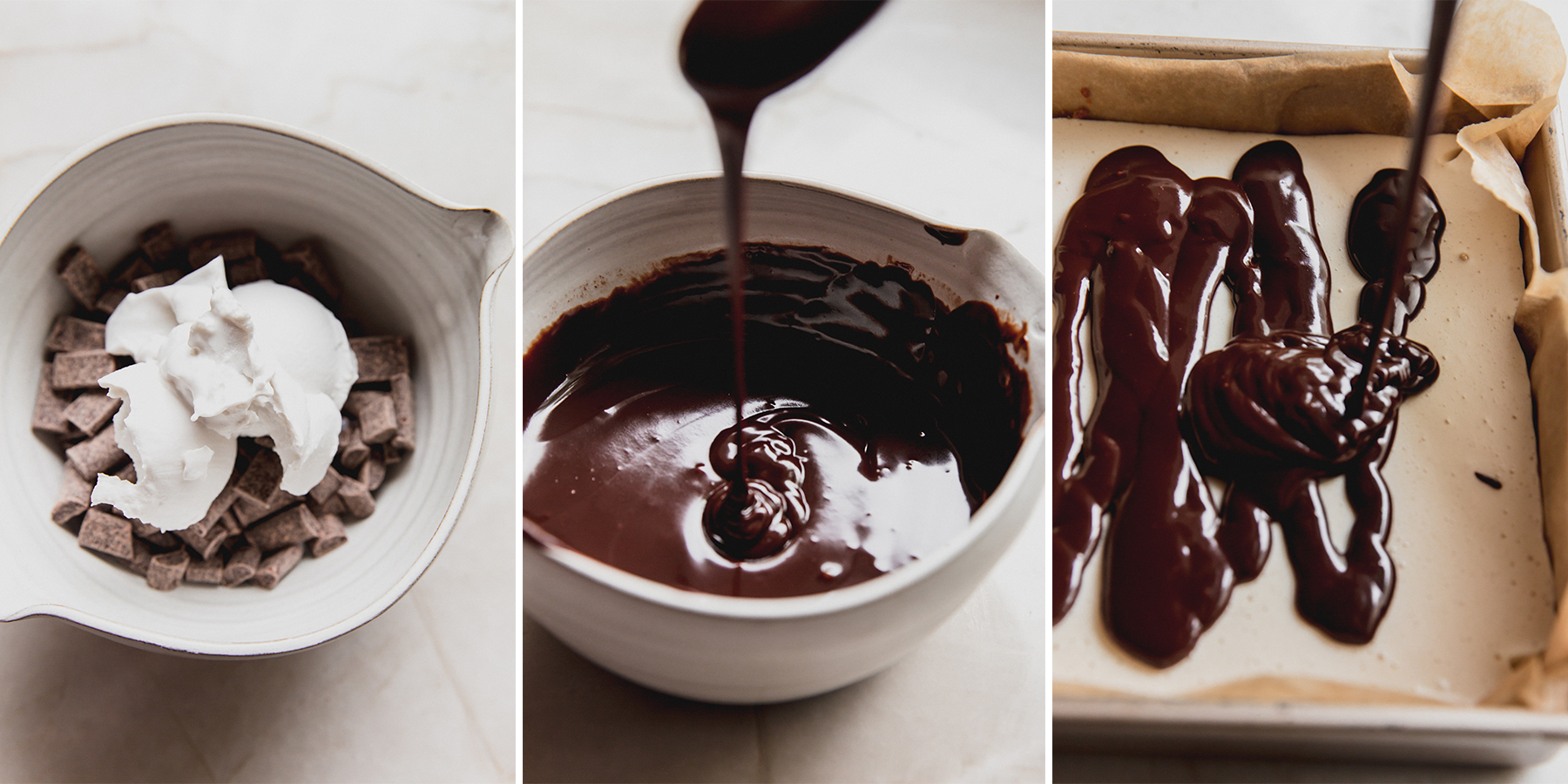 Step by step photos of making the chocolate ganache.