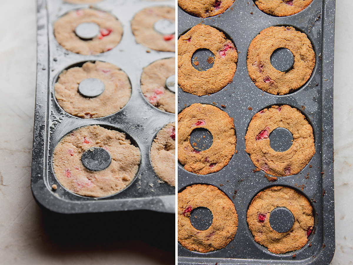 The dough for strawberry mini donuts in the mini donut pan before and after baking.