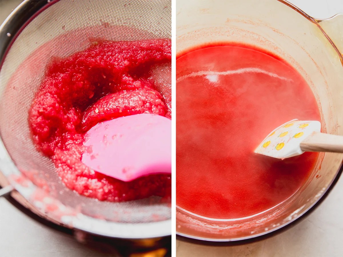 Watermelon mush being strained.