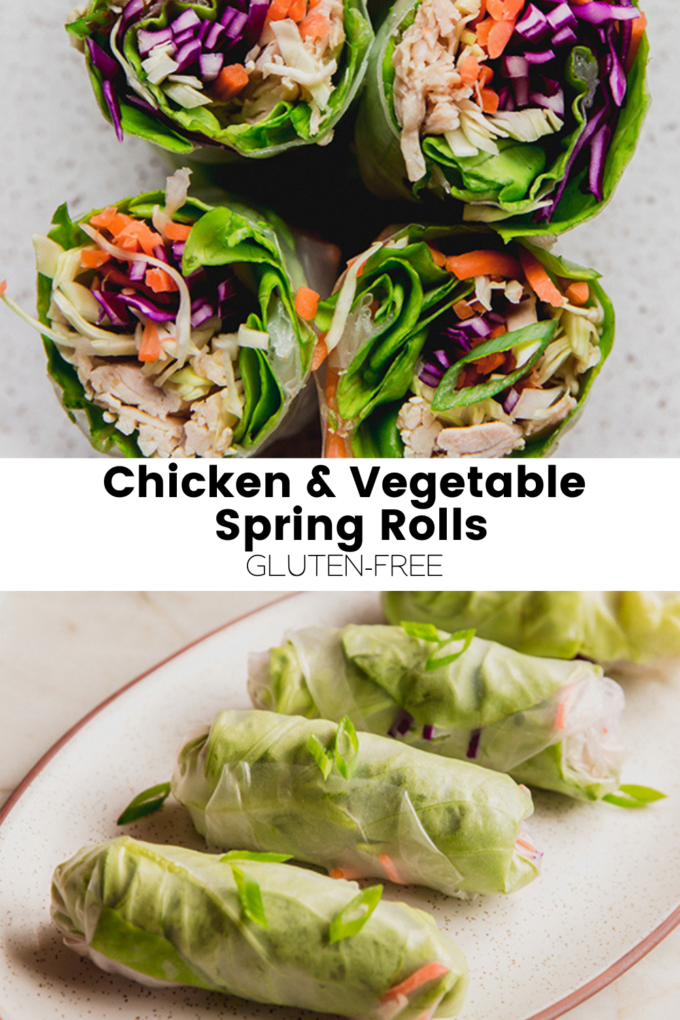 Collage with text \"Chicken & Vegetable Spring Rolls Gluten-Free.\"