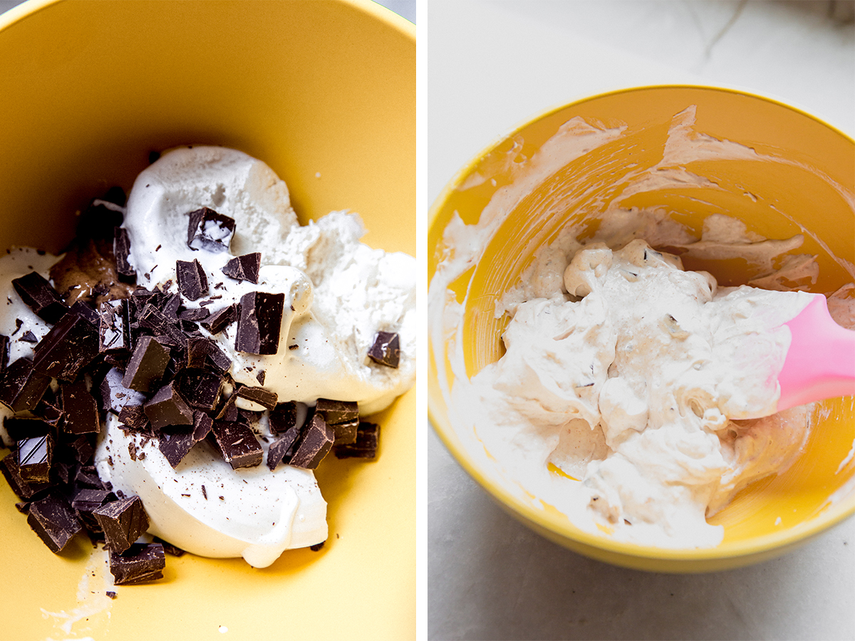 The ingredients for snickers salad dip before and after combining.