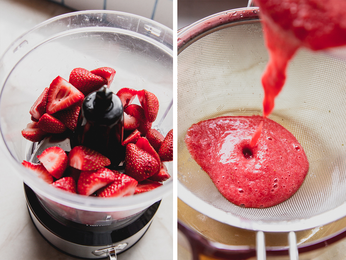 Strawberries in a food processor and then being strained.