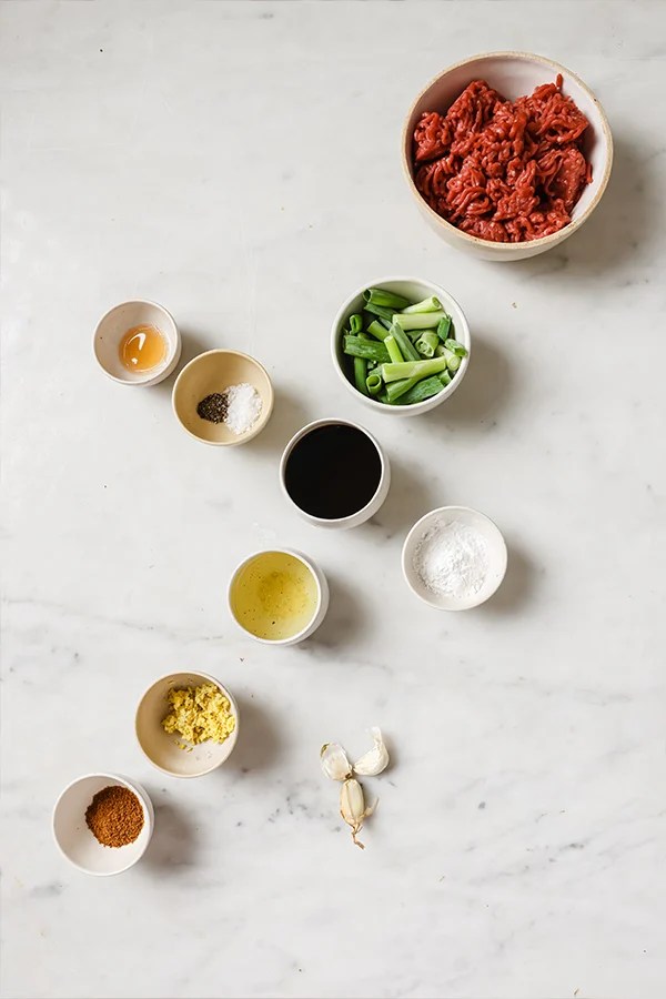 Ingredients including coconut aminos, green onions, and garlic.