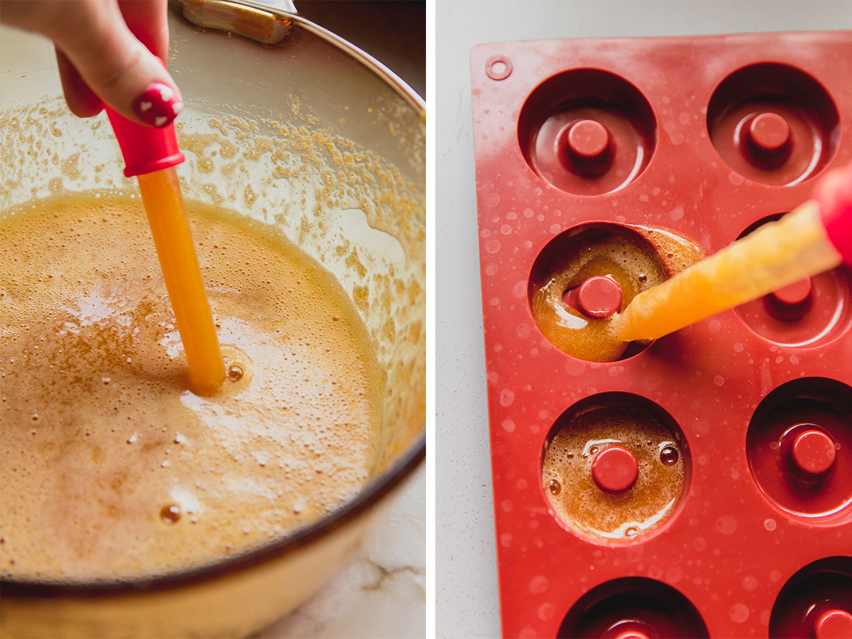 The peach ring gummy liquid before setting being added to the molds.