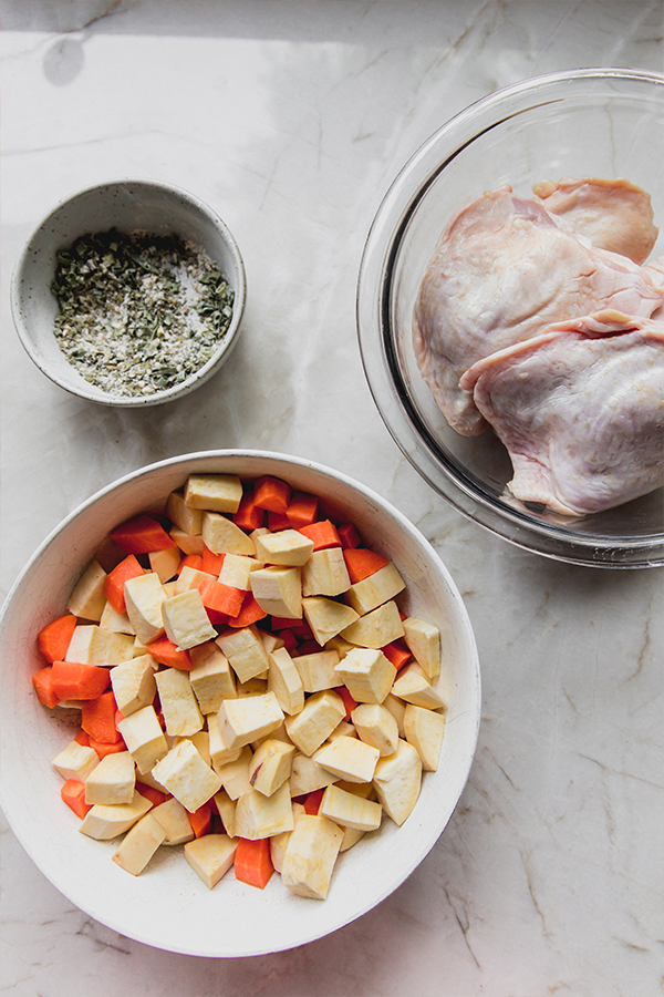 The ingredients for ranch chicken sheet pan before preparing the sheet pan.