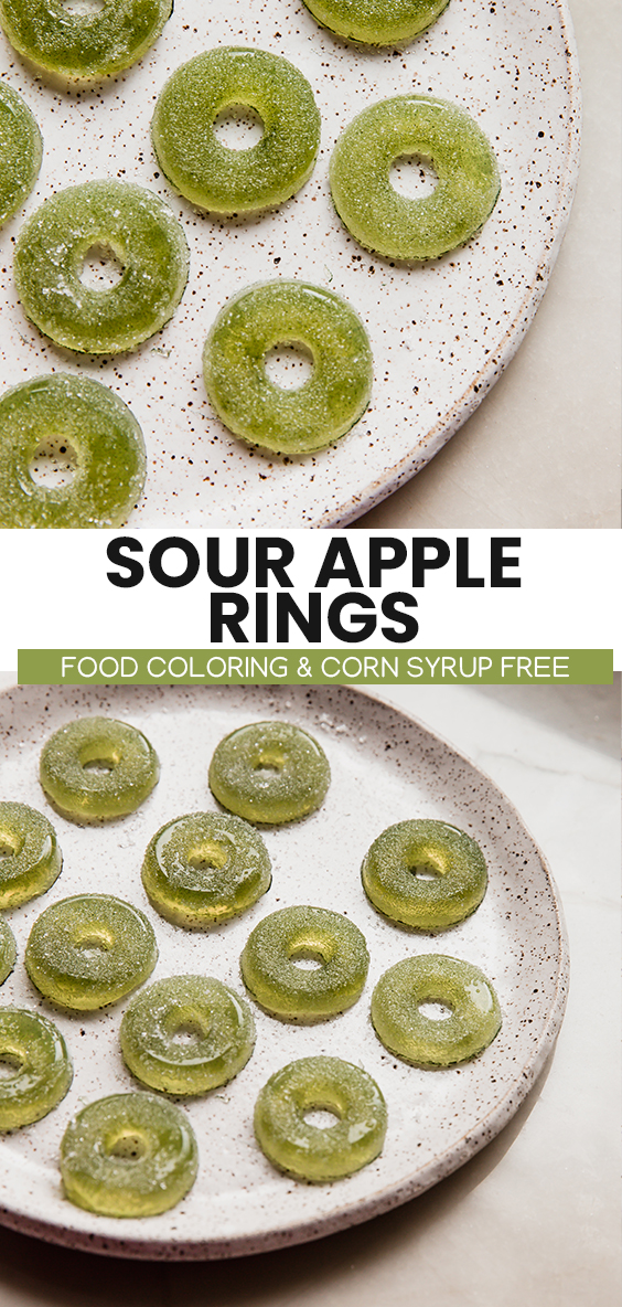 Collage with text \"Sour Apple Rings Food Coloring & Corn Syrup Free.\"