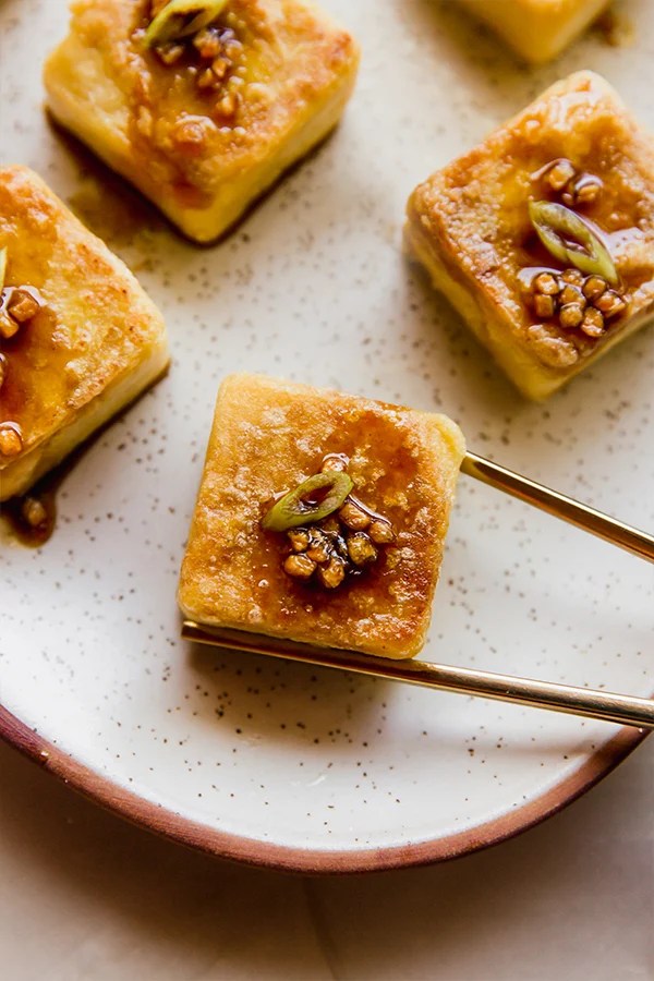Chickpea tofu on a plate.