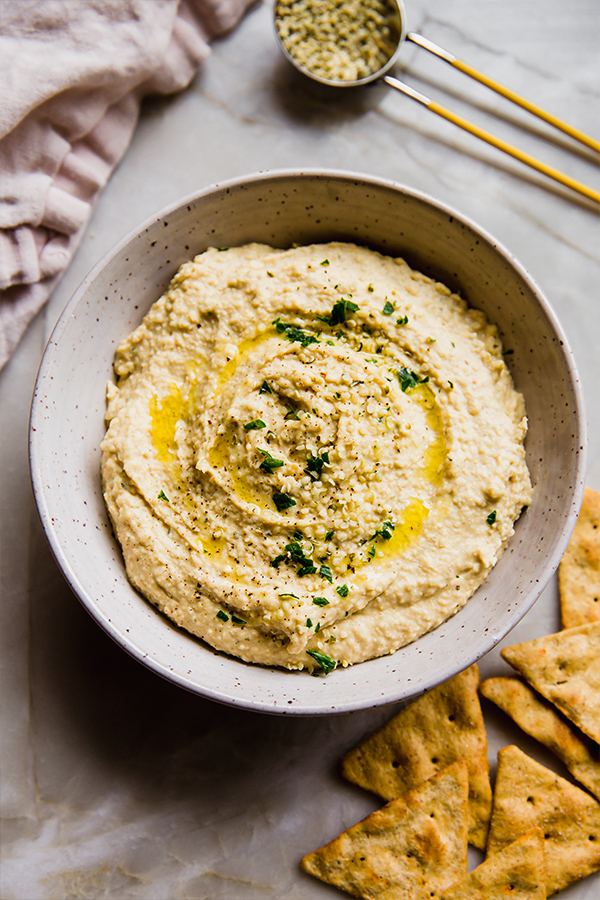Hemp heart hummus in a bowl.