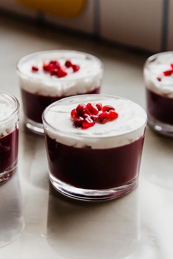 Small glasses of pomegranate Jello.
