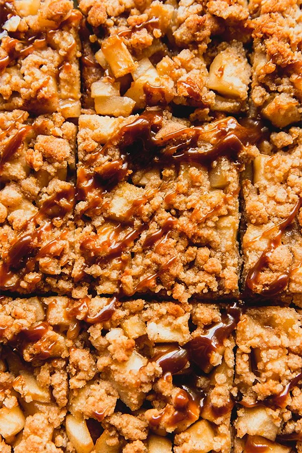 Caramel sauce drizzled on apple pie bars.
