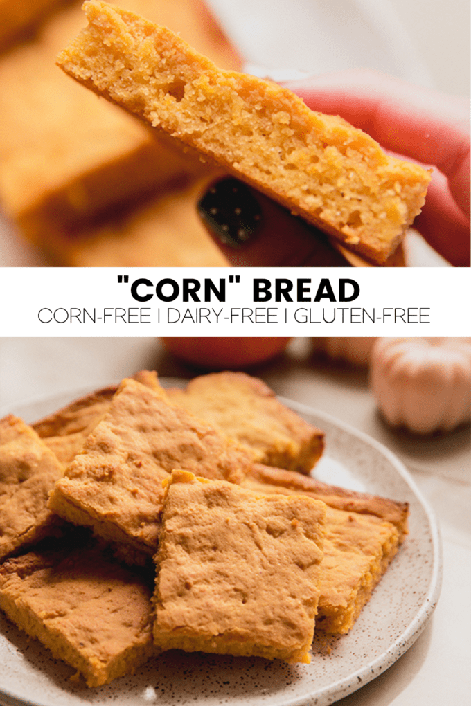 Collage with text \"\'Corn\' Bread Corn-Free | Dairy-Free | Gluten-Free.\"