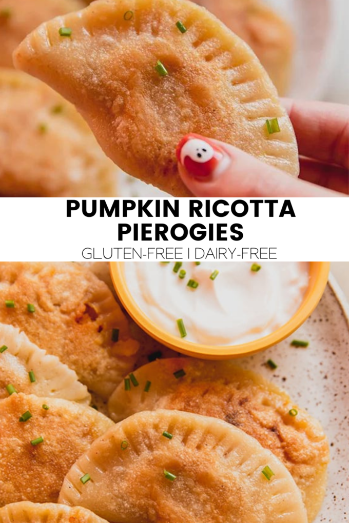 Collage with text \"Pumpkin Ricotta Pierogies Gluten-Free | Dairy-Free.\"