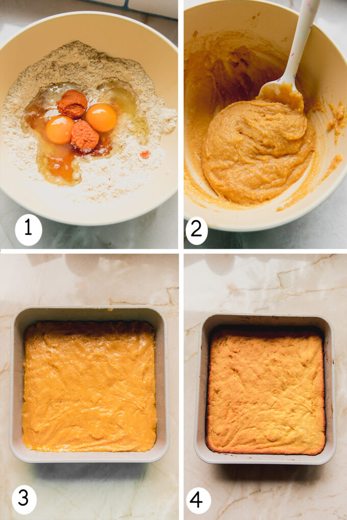 Collage of mixing and baking \"corn\" bread.