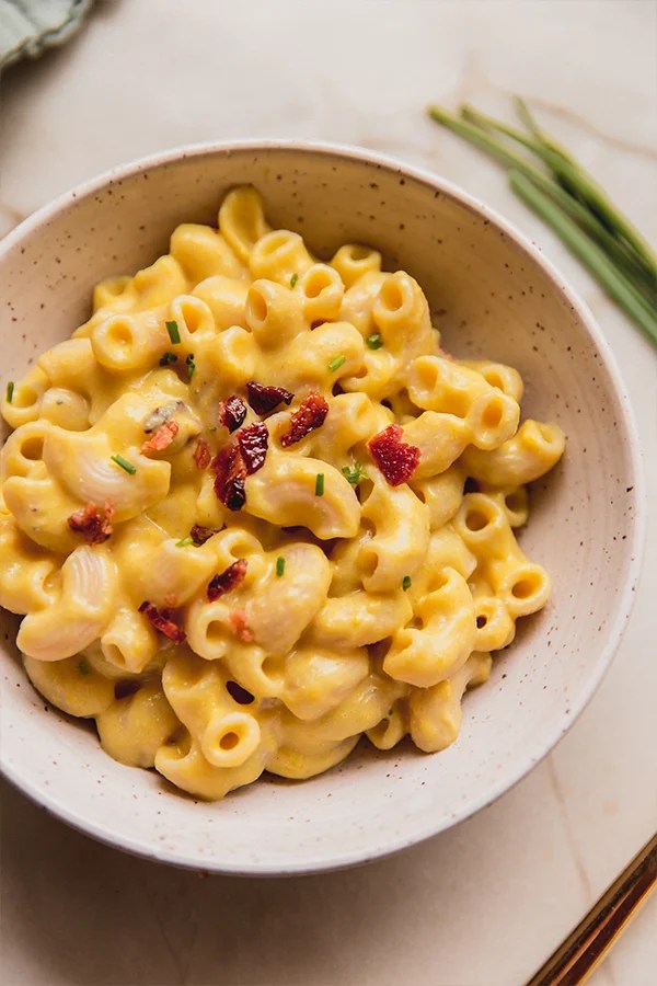 Pumpkin mac and cheese in a bowl.