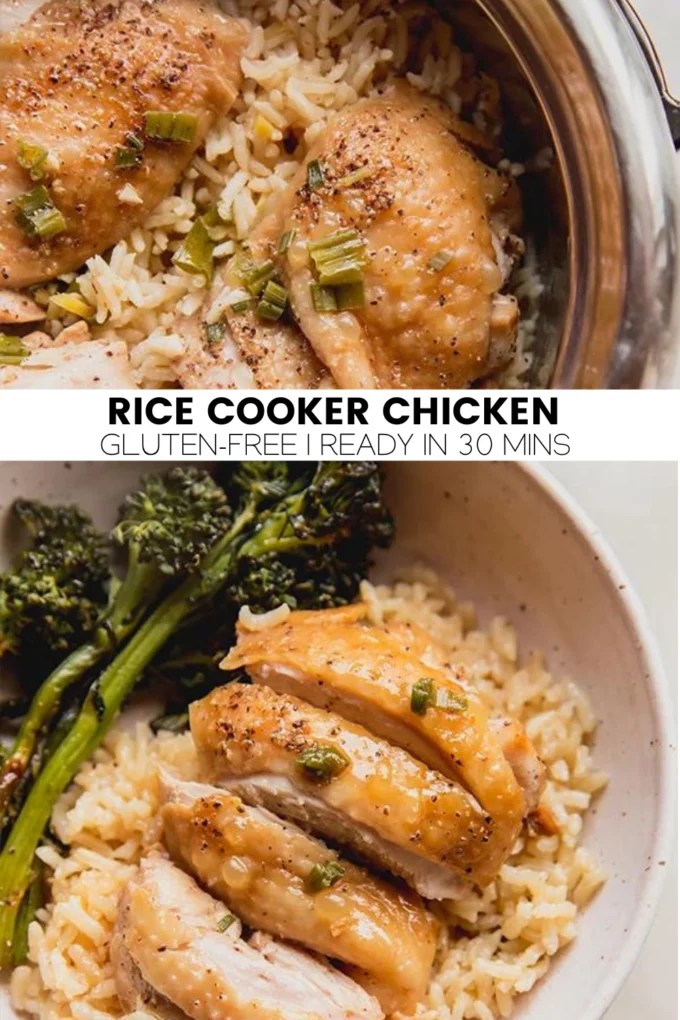 Collage with text \"Rice Cooker Chicken Gluten-Free | Ready in 30 Mins.\"