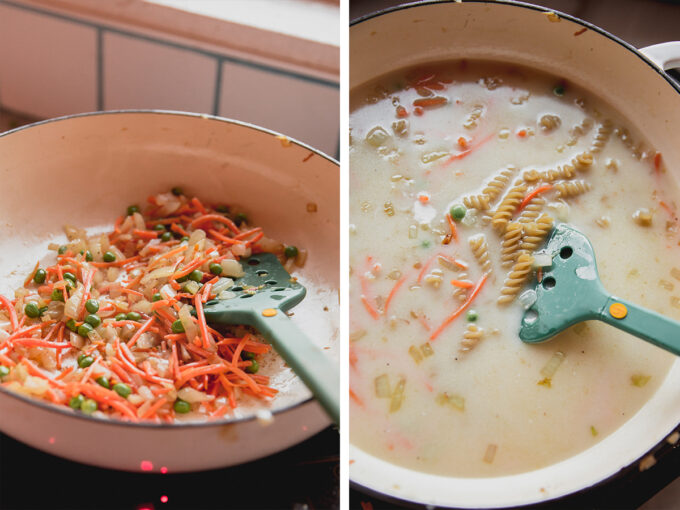 Two side by side photos of before and after adding the pasta and liquid to the cooking.
