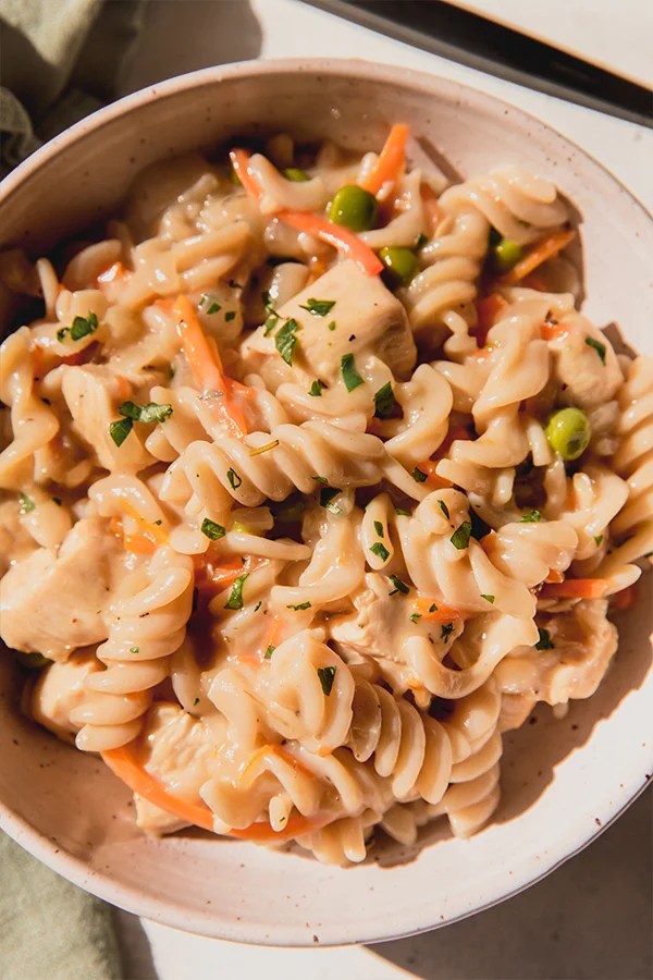 A bowl of chicken pot pie pasta ready to be enjoyed!