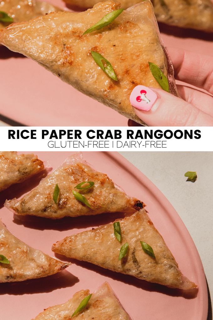 Collage with text \"Rice Paper Crab Rangoons Gluten-Free | Dairy-Free.\"