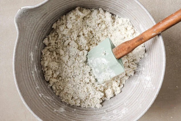 Dry ingredients with the palm shortening and olive oil added.