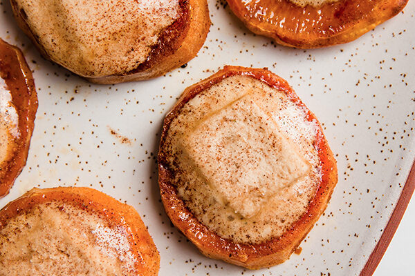 Sweet potato casserole bites with melted marshmallow.