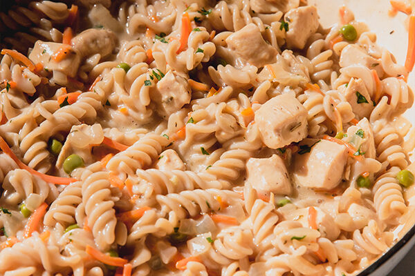 Chicken pot pasta cooked in a pot.
