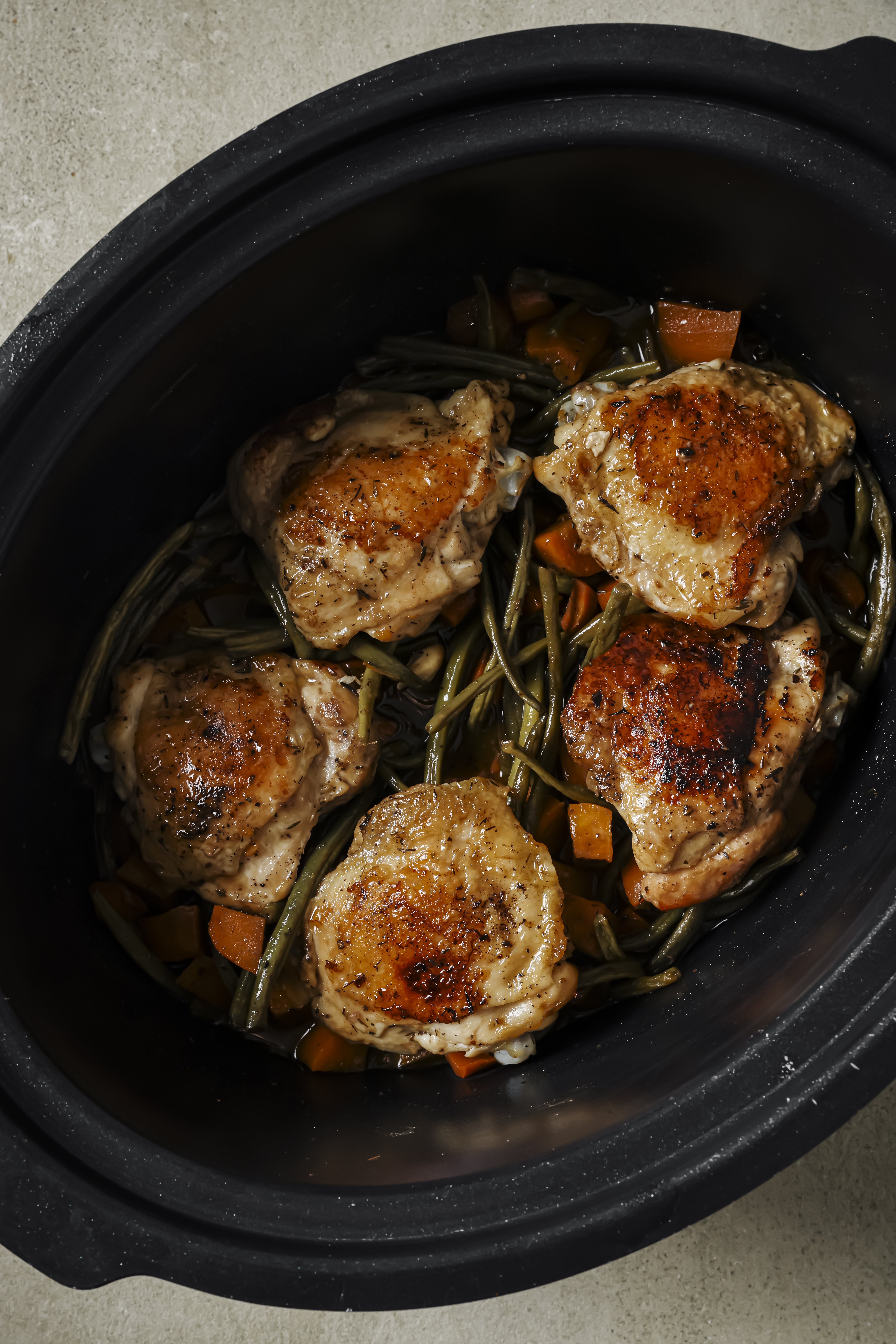 Balsamic chicken and vegetables in a slow cooker.