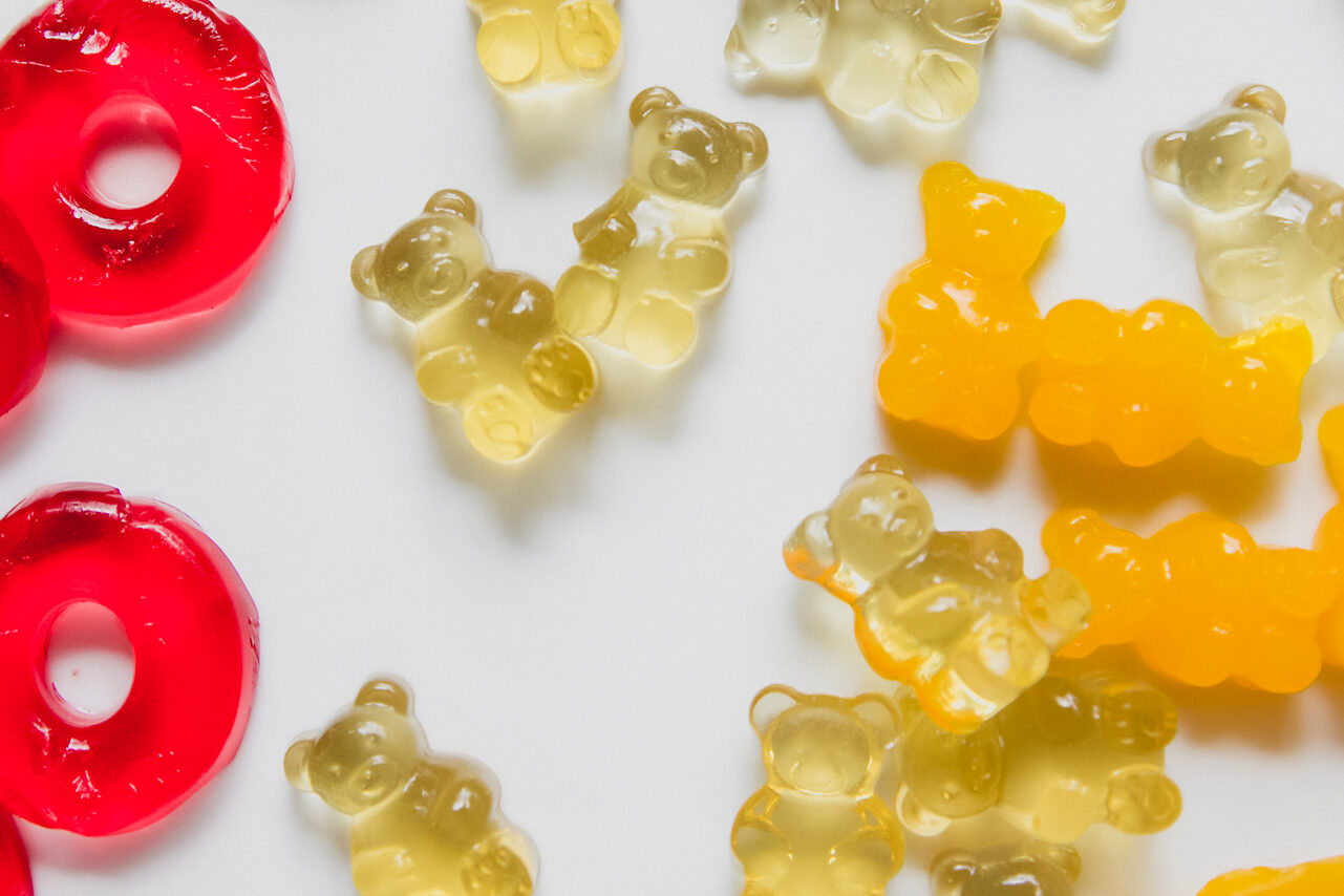 Gummy rings and bears on a plate.