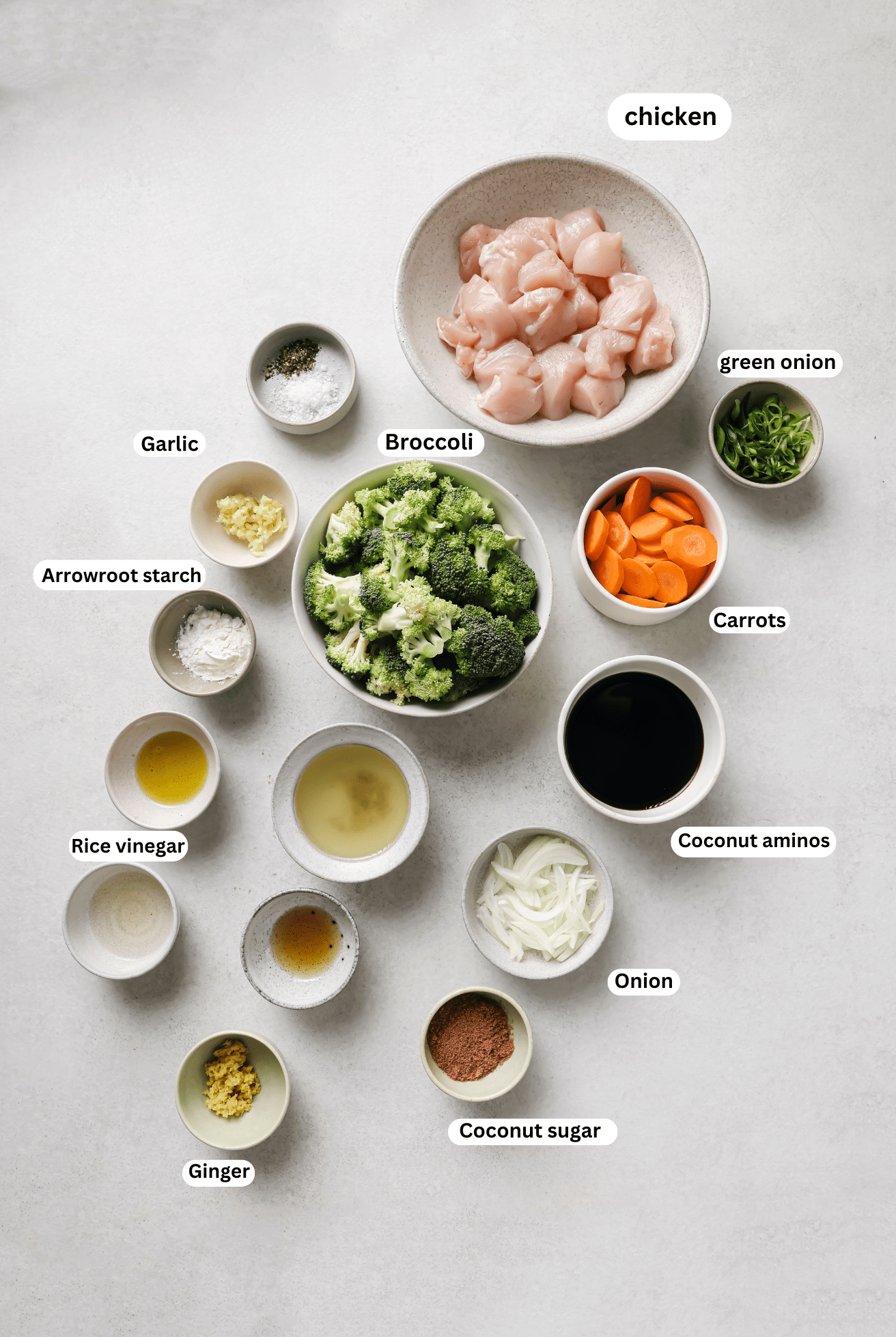slow cooker chicken and broccoli ingredients in separate bowls.