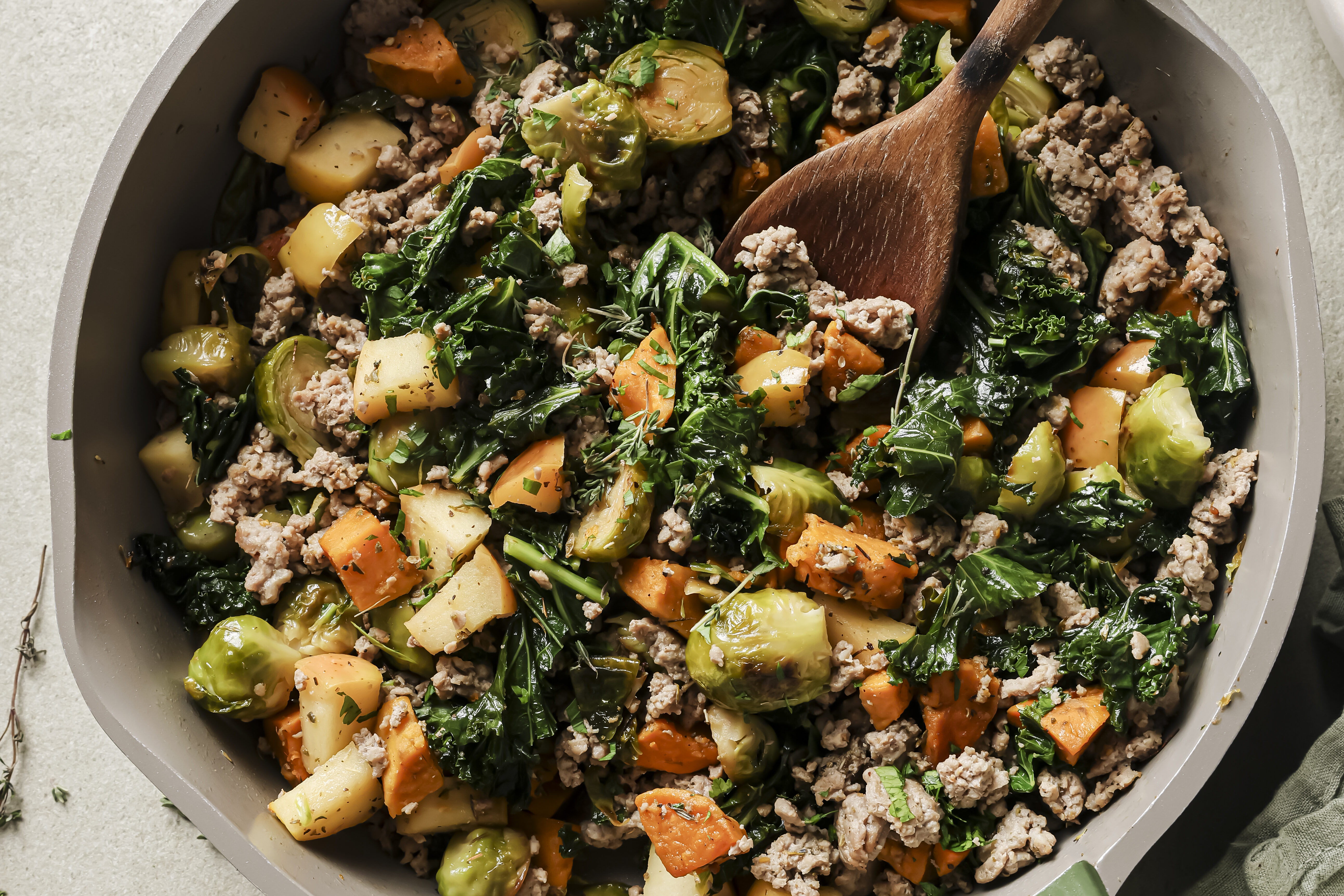 The turkey & sweet potato breakfast hash after cooking in the pan before serving.