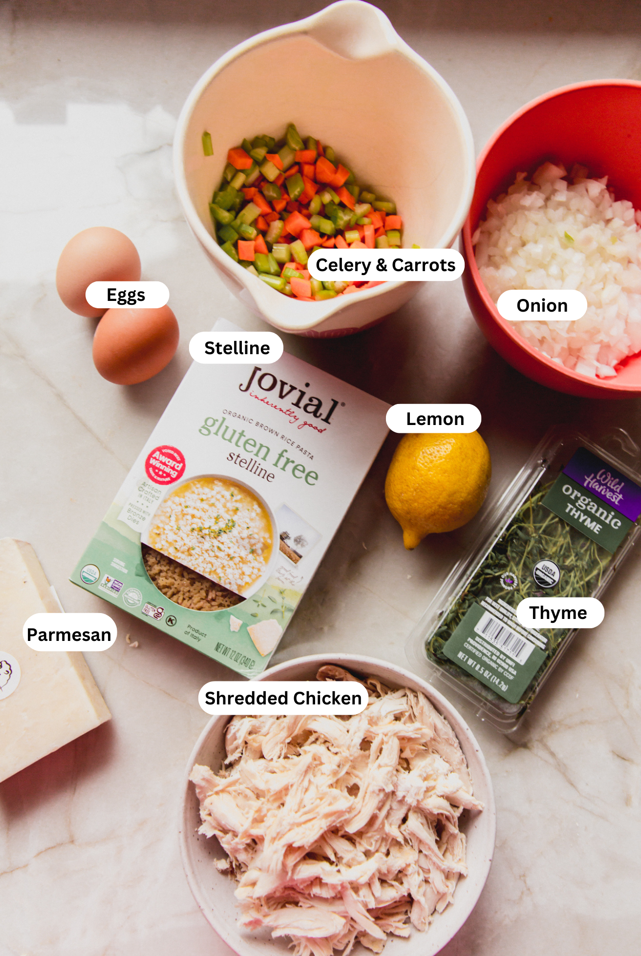 All the ingredients for Pastina chicken soup.