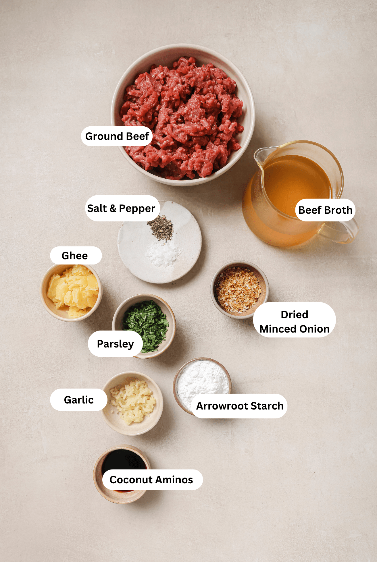 All the ingredients needed to make ground beef & gravy.