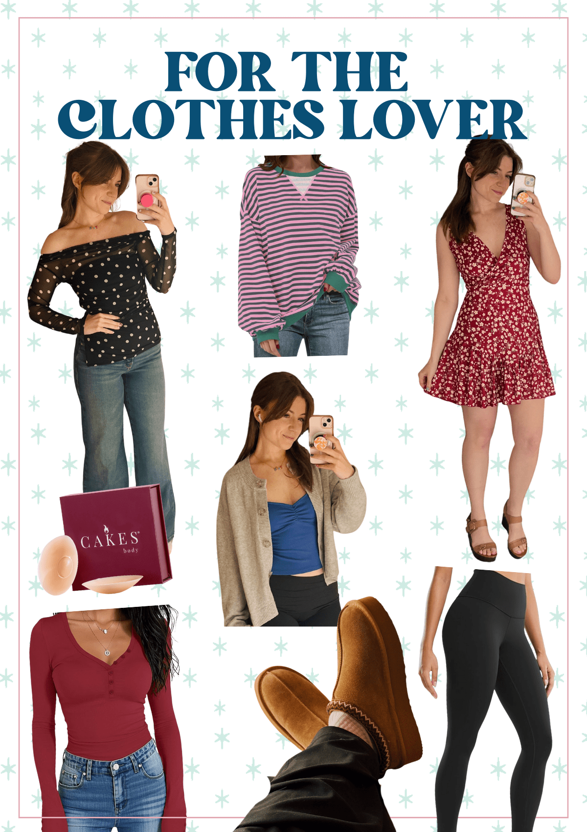 Gift guide for clothes loves with a collage of clothes